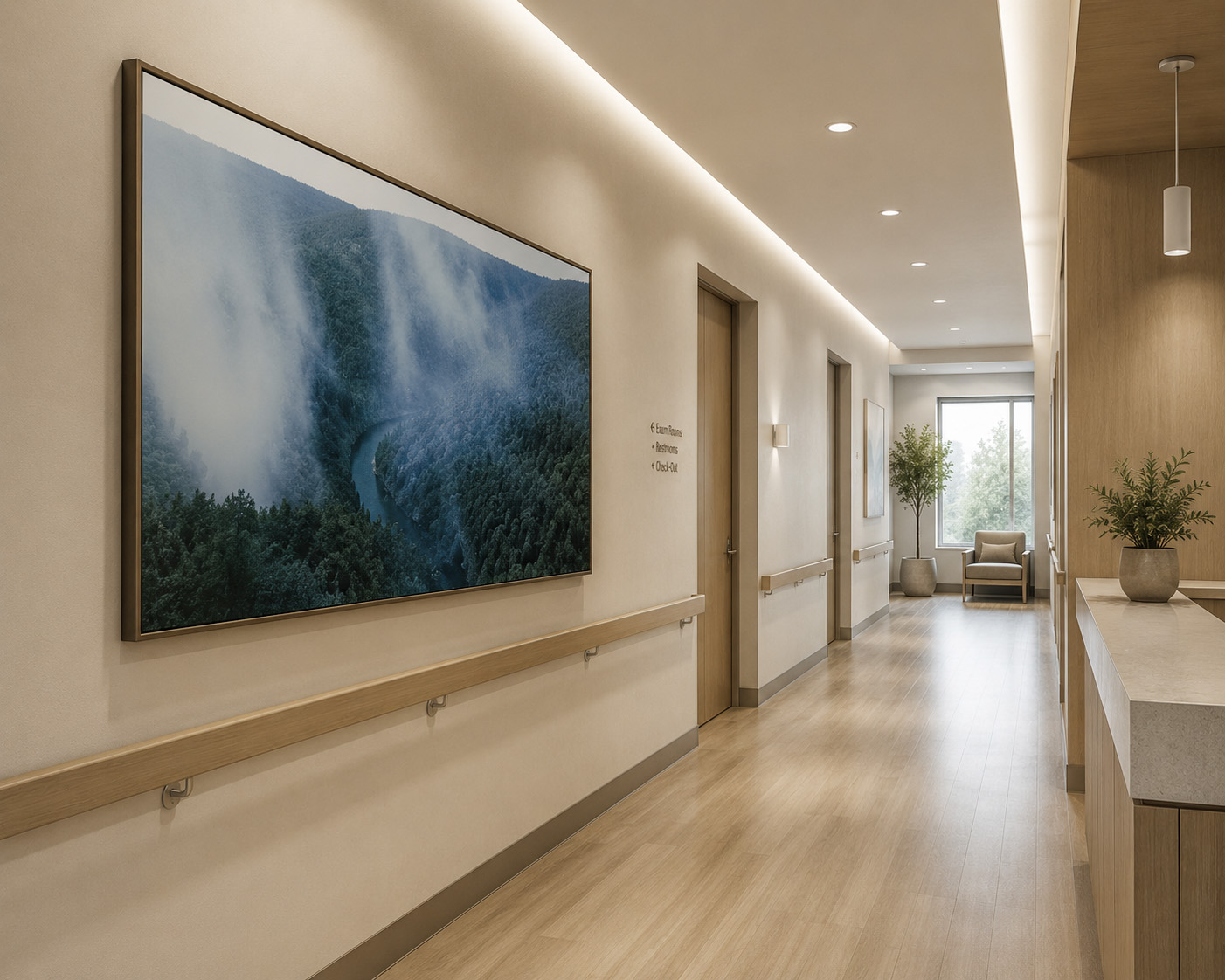 Healthcare corridor with large framed blue misty river valley fine art photography by Dan Sproul